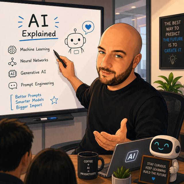 Illustration of an AI workshop session explaining machine learning, neural networks, generative AI, and prompt engineering